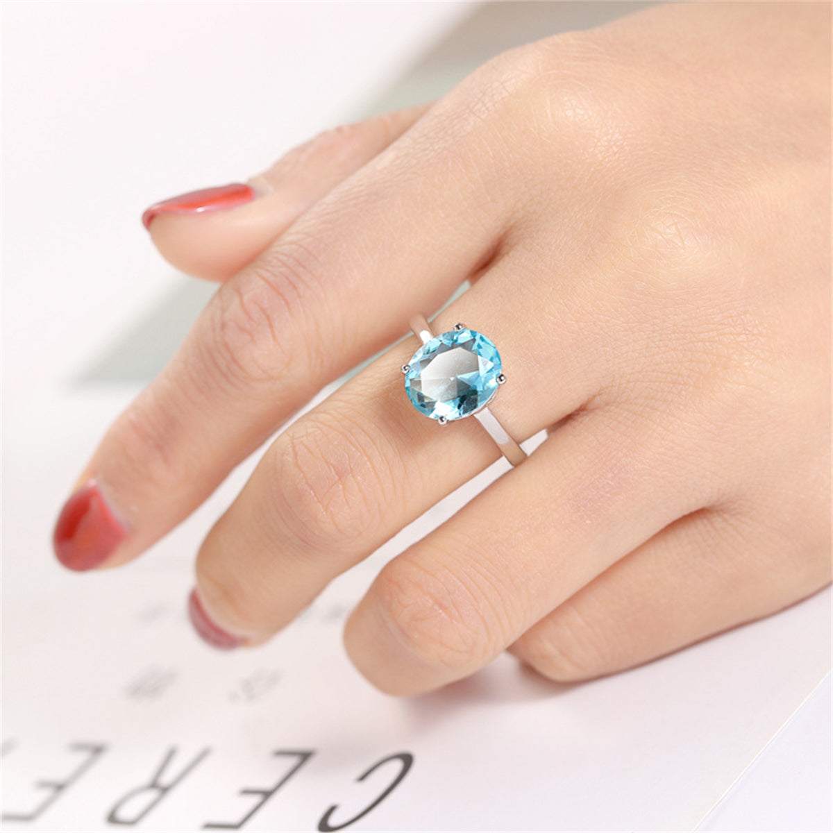 Sea Blue Crystal & Silvertone Oval-Cut Solitaire Ring-3