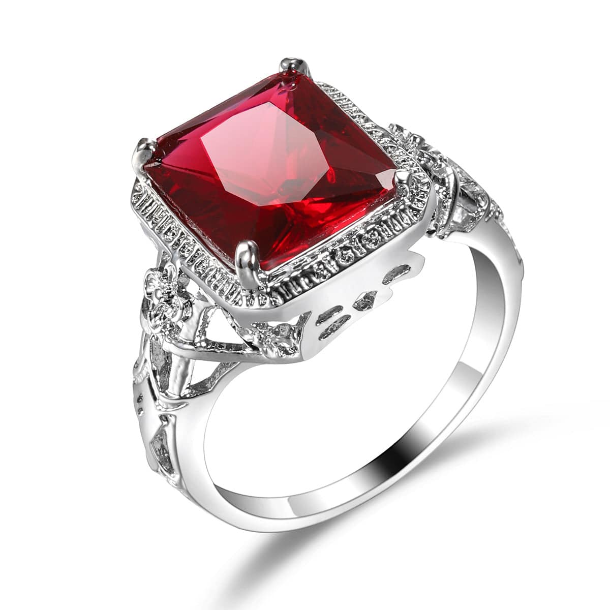 Red Crystal & Silvertone Openwork Floral Princess-Cut Ring-4