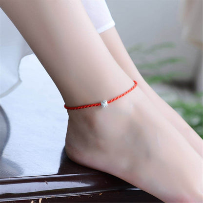 Red Polyster & Silvertone Frosted Bead-Accent Lucky Anklet