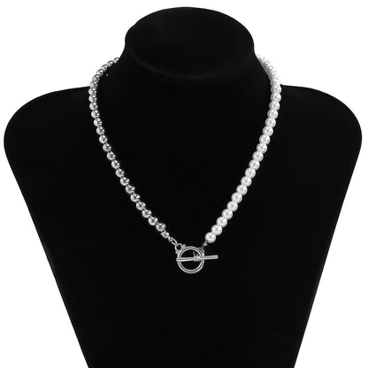 Pearl & Silvertone Half Bead Chain Toggle Necklace