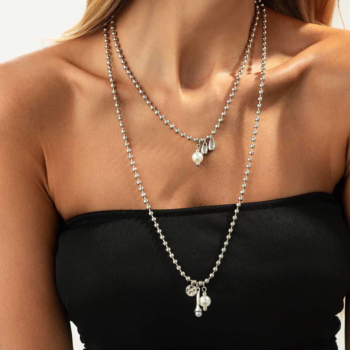 Pearl & Silvertone Drop Bar Pendant Necklace Set