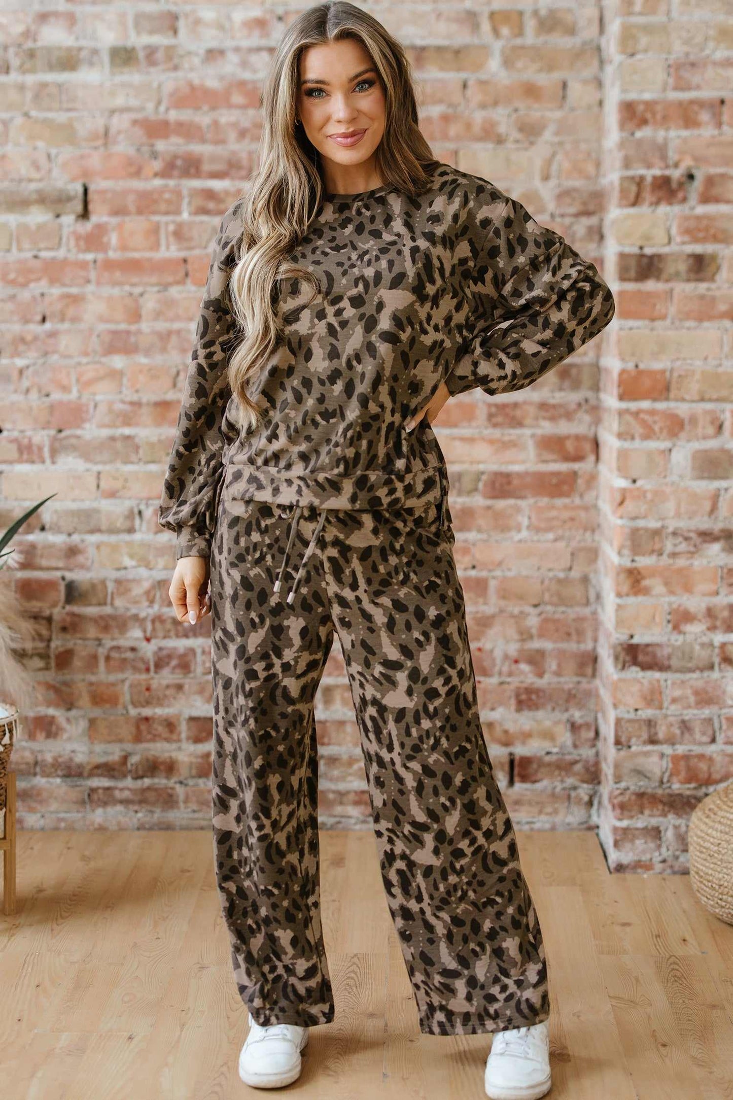 Catherine Leopard Pullover Drawstring Loose Pant Set - Brown / L - 12/14