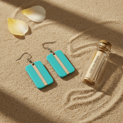 Light Blue Resin & Wood Silvertone Rectangle Hook Earrings