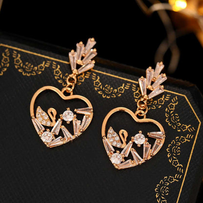 Cubic Zirconia & Goldtone Swan Heart Dangle Earrings