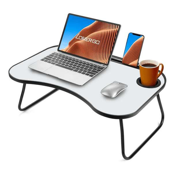 InQ Boutique Portable Laptop Desk Gray and White Matte Metal and Wood Construction Foldable Design with Cup Holder 26.5 X 18.5 Inches for Bed Car Couch Home & Outdoor Use (Grey+White Matte) - Red