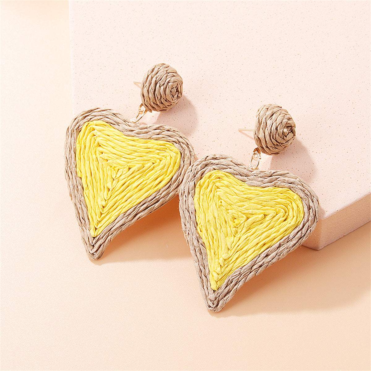 Yellow Raffia & Goldtone Heart Drop Earrings