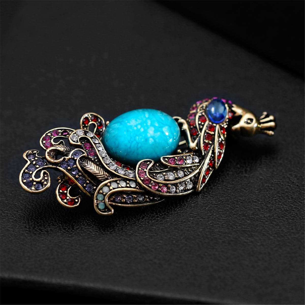Blue & Pink Cubic Zirconia & Goldtone Peacock Brooch