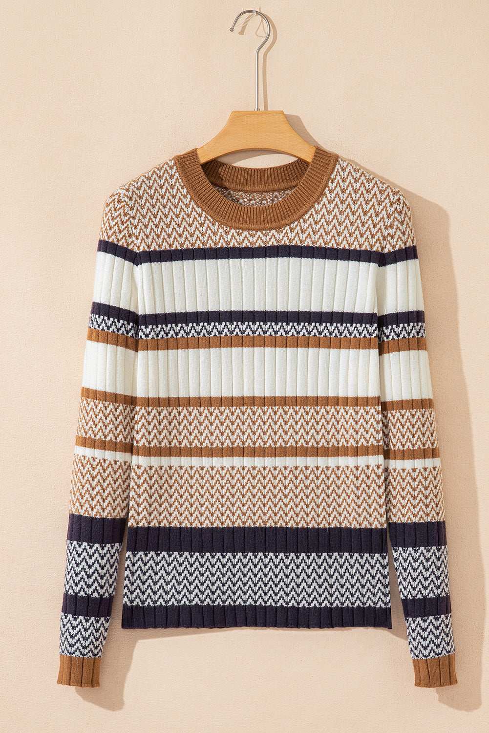 Avery Ribbed Trim Slim Sweater - Brown Stripe / M - 8/10