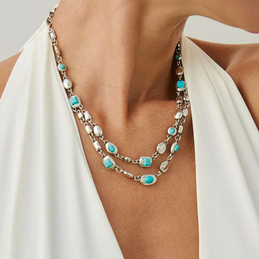 Turqouise & Silvertone Geometric Station Layered Necklace