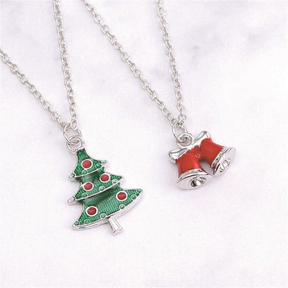 Green Silvertone Christmas Tree & Bells Pendant Necklace Set