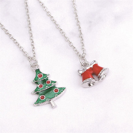 Green Silvertone Christmas Tree & Bells Pendant Necklace Set