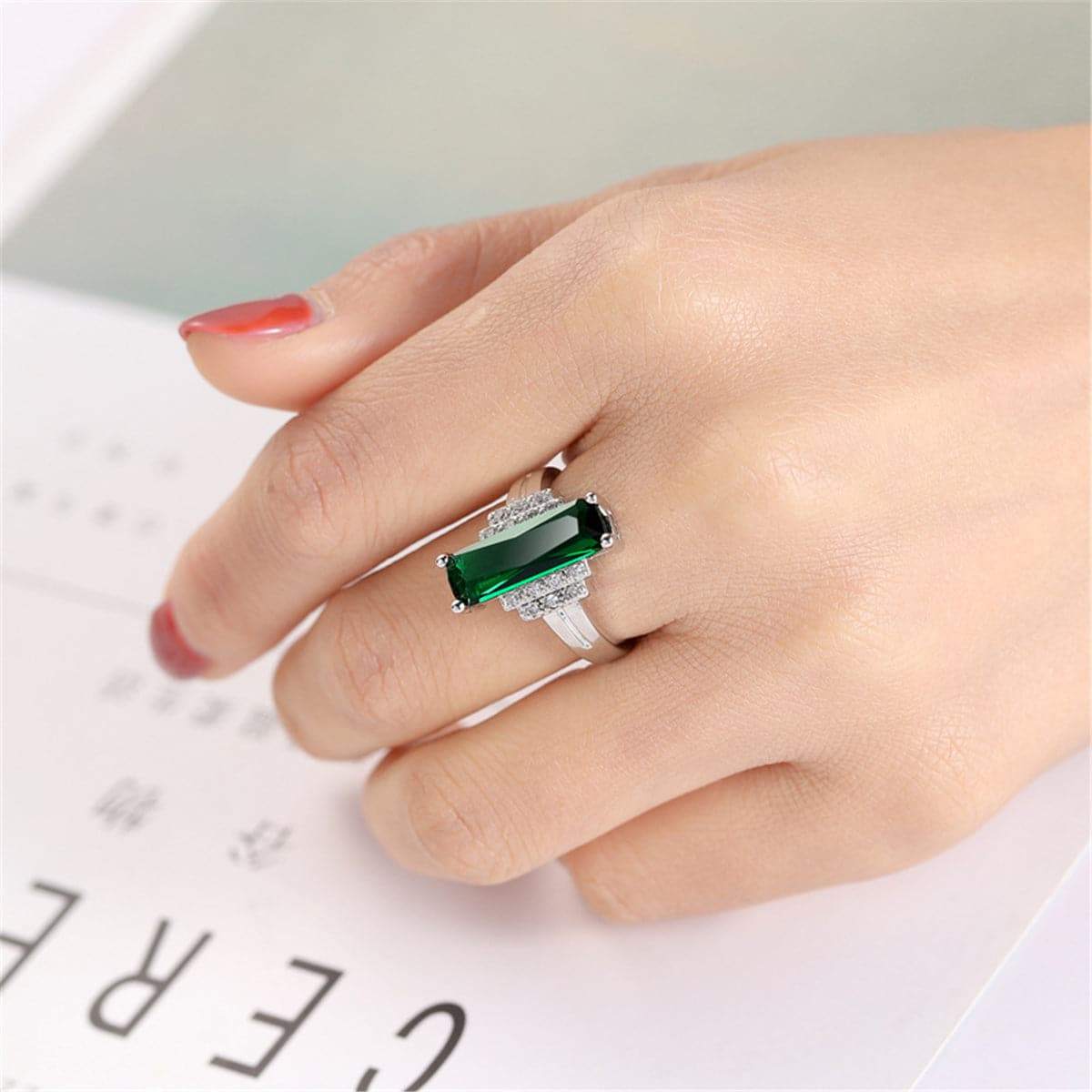 Green Cubic Zirconia & Crystal Baguette-Cut Ring-1