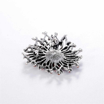 Red Cubic Zirconia & Silvertone Flower Brooch