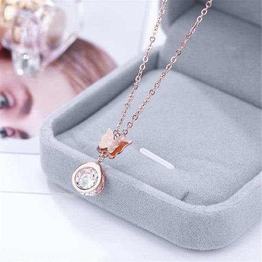 Cubic Zirconia & Rose Goldtone Butterfly Pendant Necklace
