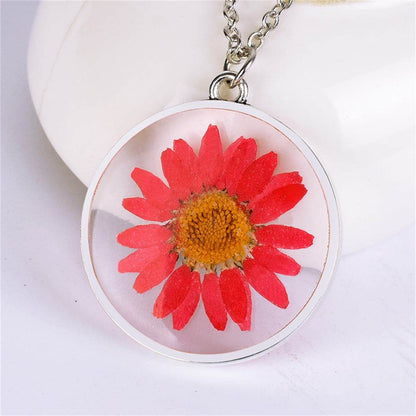Red Pressed Mum & Silvertone Round Pendant Necklace