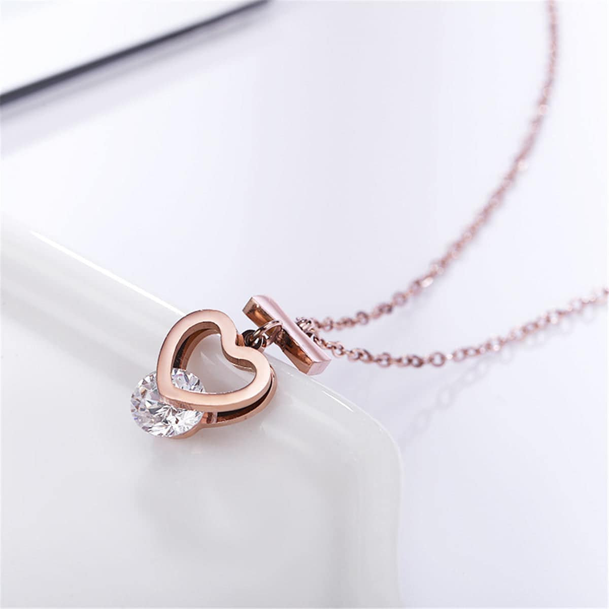 Cubic Zirconia & Rose Goldtone Open Heart Pendant Necklace