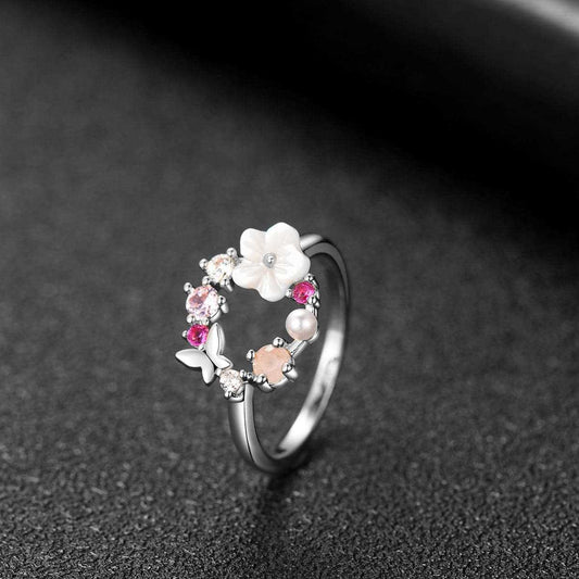Pink Cubic Zirconia & Pearl Silvertone Floral Open-Circle Ring