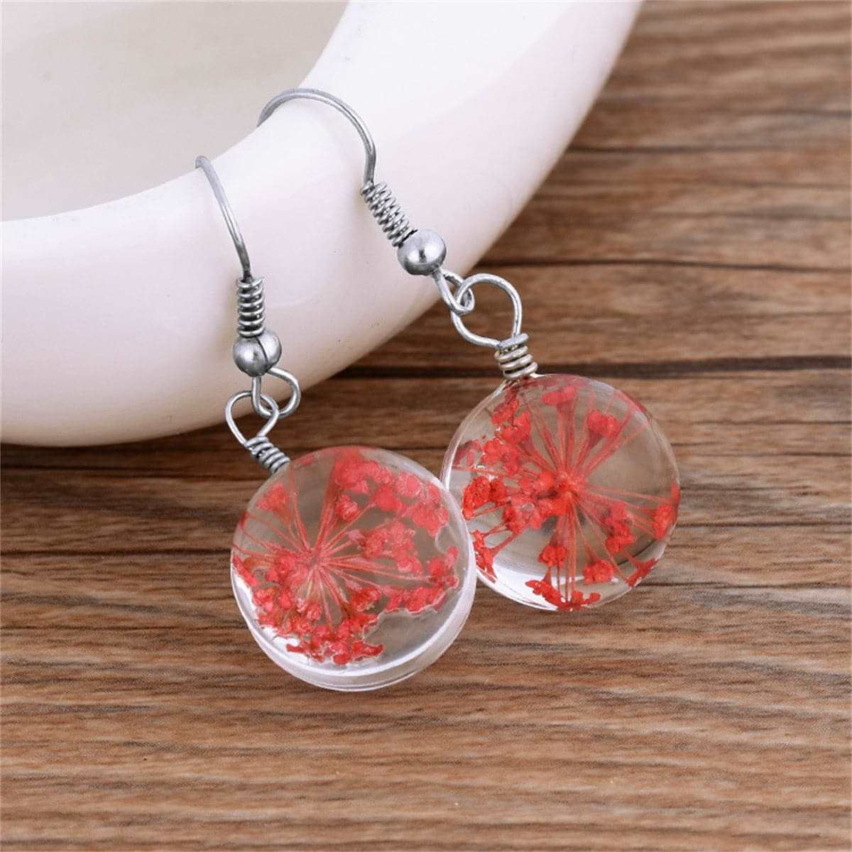 Red Gypsophila & Silvertone Drop Earrings