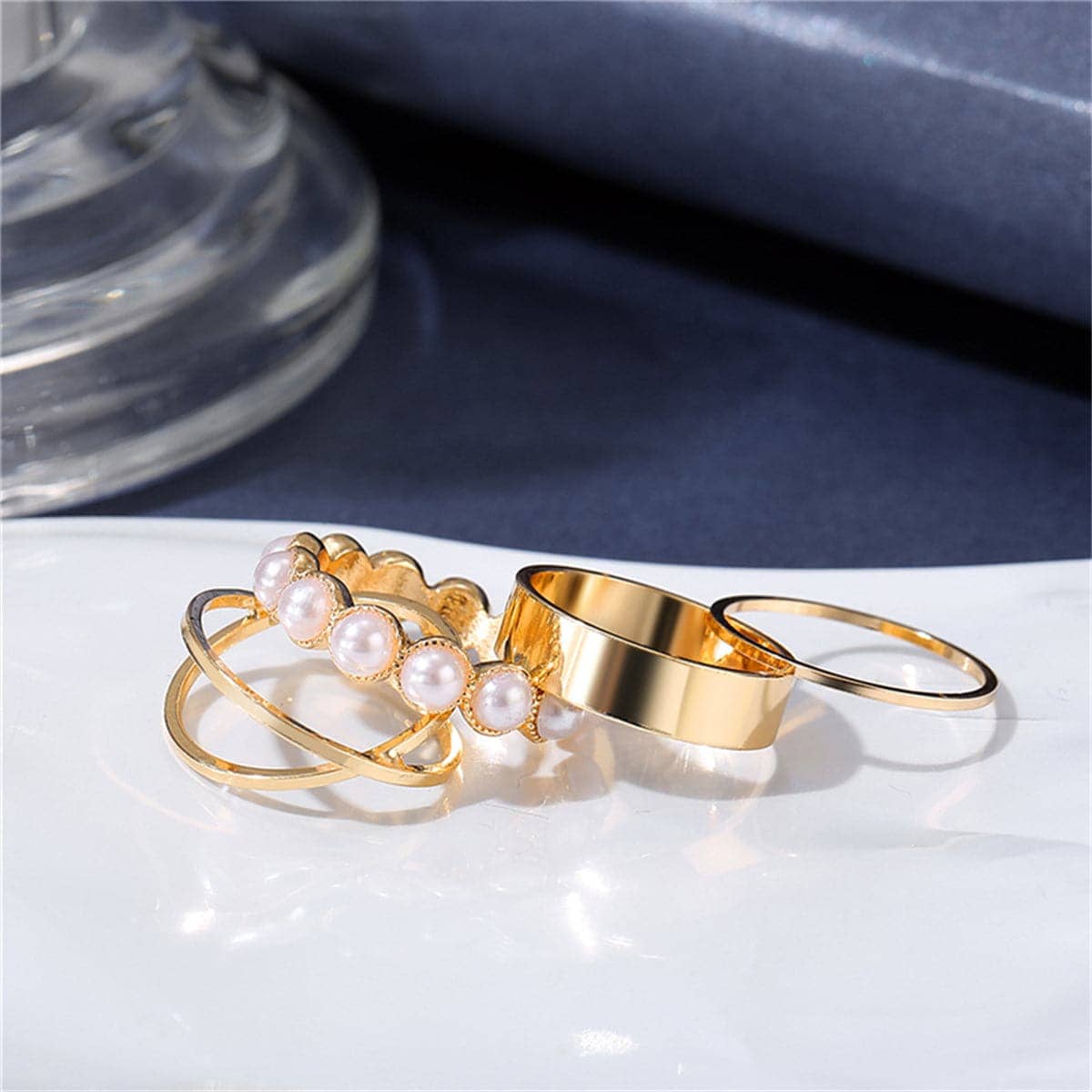 Pearl & Goldtone Crisscross Ring Set