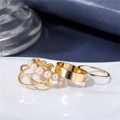 Pearl & Goldtone Crisscross Ring Set