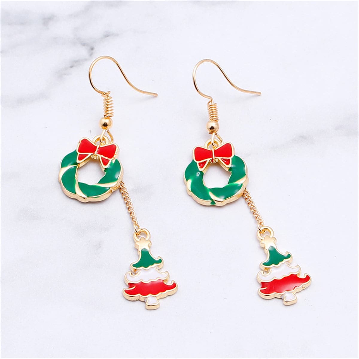 Red Enamel & Goldtone Wreath Christmas Tree Drop Earrings