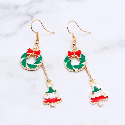 Red Enamel & Goldtone Wreath Christmas Tree Drop Earrings