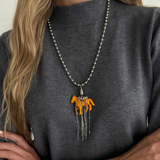 Orange Acrylic & Silvertone Horse Pendant Ball Chain Necklace