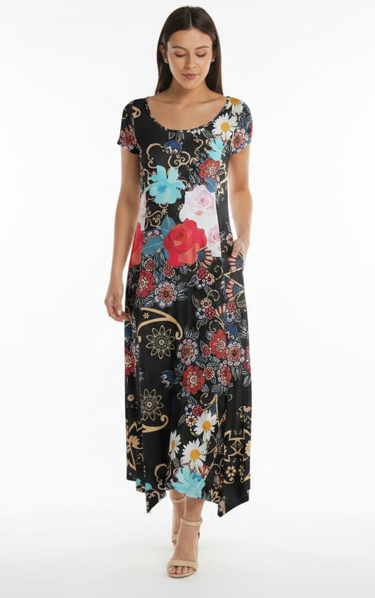 Black Multicolor Floral Border Print-