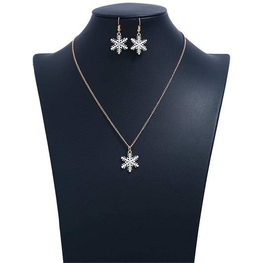 White & Goldtone Snowflake Pendant Necklace & Drop Earrings