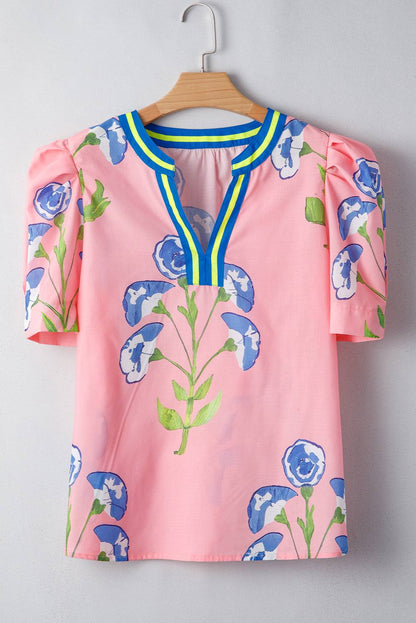Threaded Pear Autumn Notched Bubble Sleeve Blouse