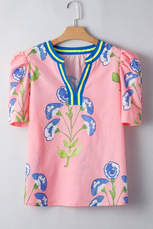 Threaded Pear Autumn Notched Bubble Sleeve Blouse