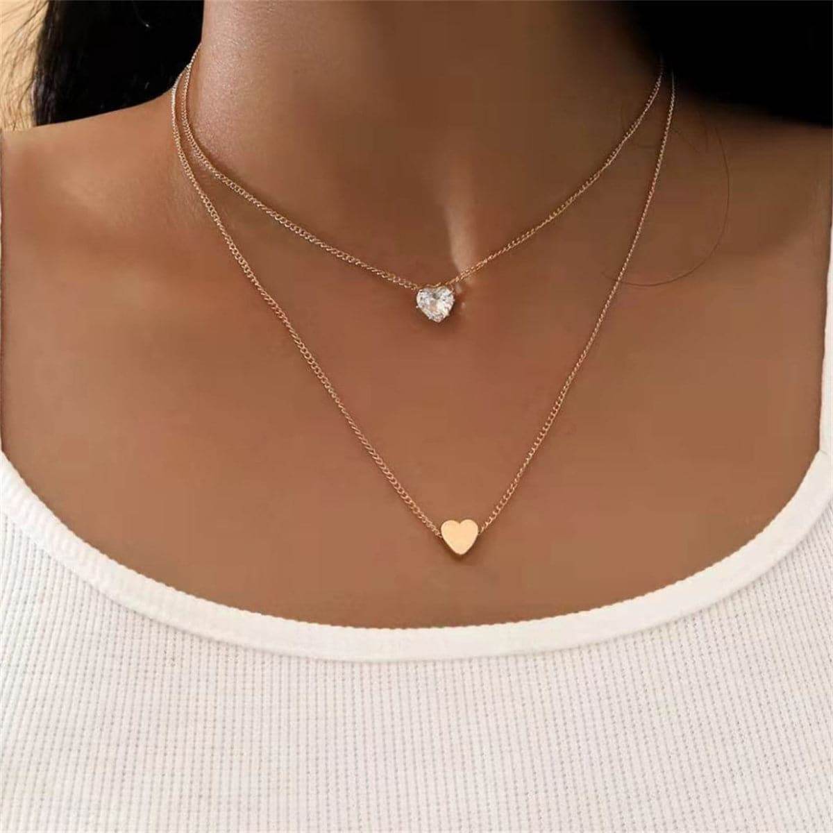 Cubic Zirconia & Goldtone Heart Double Pendant Necklace