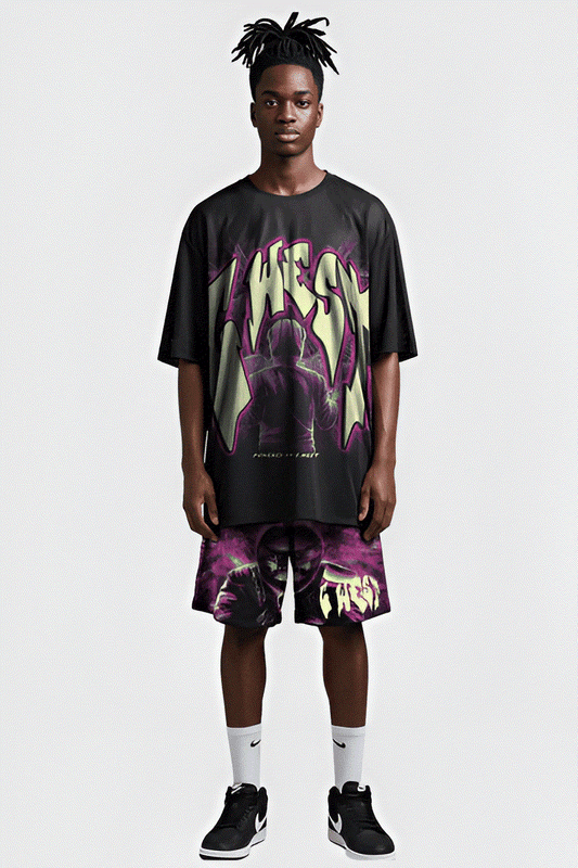 G West Rhinestone Man in Glow 3/4 Sleeves Mesh Short Set
