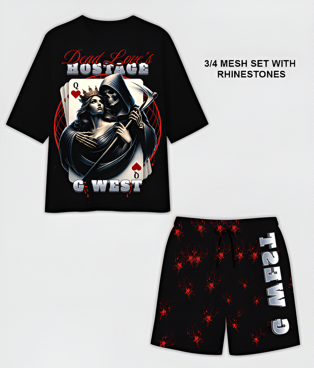 G West Rhinstone Hostagae 3/4 Sleeves Mesh Short Set