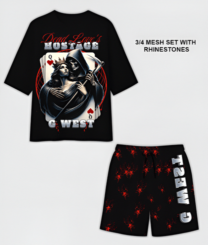 G West Rhinstone Hostagae 3/4 Sleeves Mesh Short Set