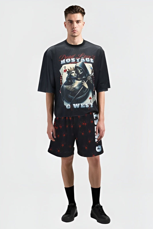G West Rhinstone Hostagae 3/4 Sleeves Mesh Short Set