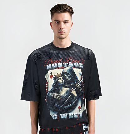 G West Rhinstone Hostagae 3/4 Sleeves Mesh Short Set