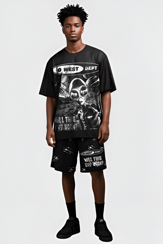 G West Rhinstone Not My Earth 3/4 Sleeves Mesh Short Set