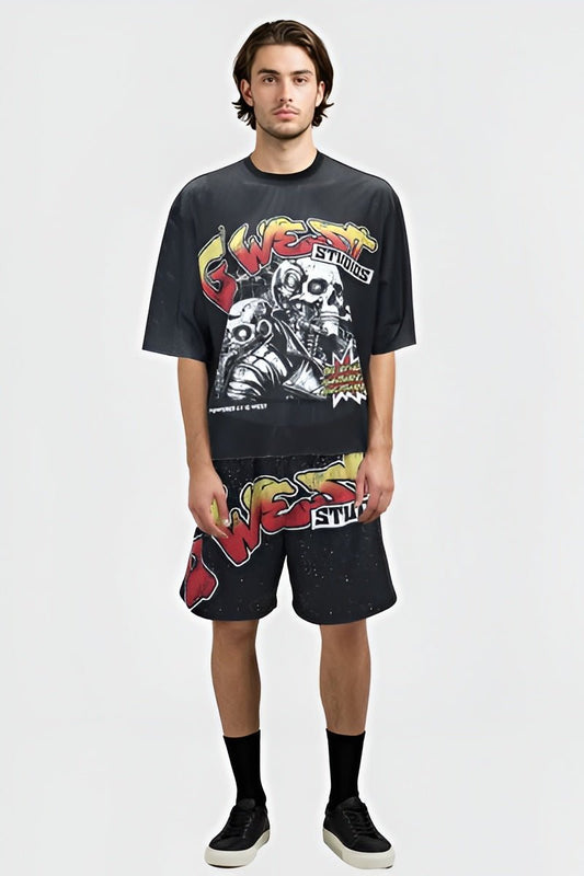 G West Rhinstone Skull Tech 3/4 Sleeves Mesh Short Set