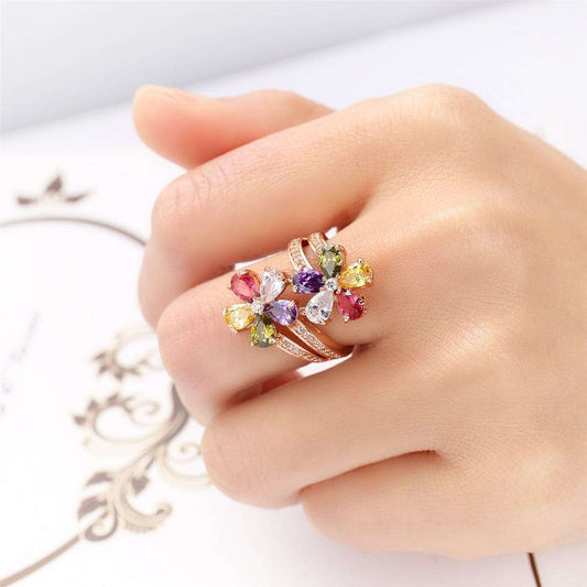 Jewel-Tone Cubic Zirconia & Rose Goldtone Clover Ring