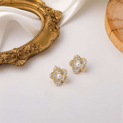 Pearl & Enamel 18K Gold Plated Flower Stud Earrings