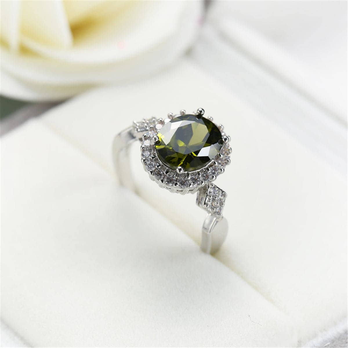 Olive Green Cubic Zirconia & Crystal Halo Oval Ring