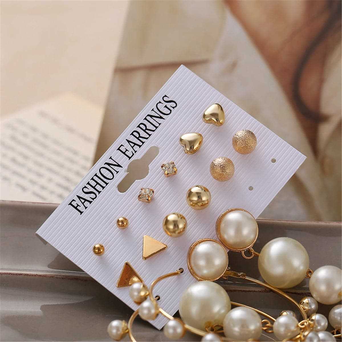 Cubic Zirconia & Pearl Goldtone Round Earrings Set