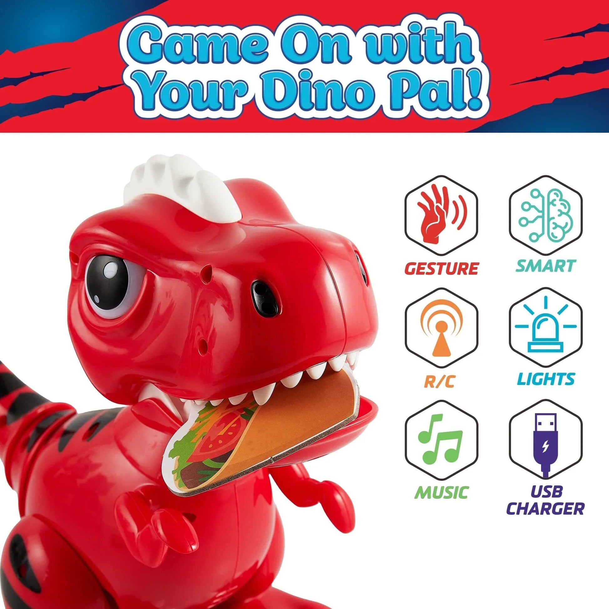 Red robot dino, white remote, and blue, grey and black food.-