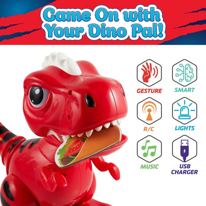 Red robot dino, white remote, and blue, grey and black food.-