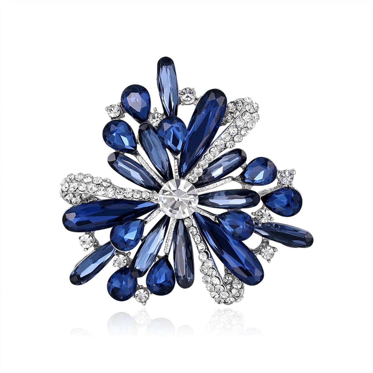 Blue Crystal & Silvertone Floral Brooch