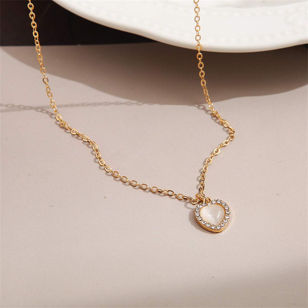 White Cats Eye & Cubic Zirconia Goldtone Heart Pendant Necklace