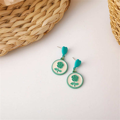 Green Enamel & Goldtone Floral Disc Drop Earrings