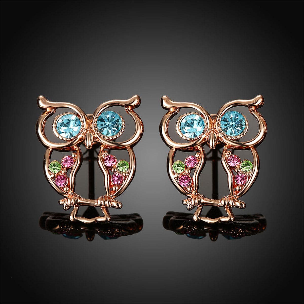 Blue Cubic Zirconias & Rose Goldtone Owl Stud Earrings