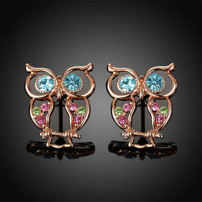 Blue Cubic Zirconias & Rose Goldtone Owl Stud Earrings